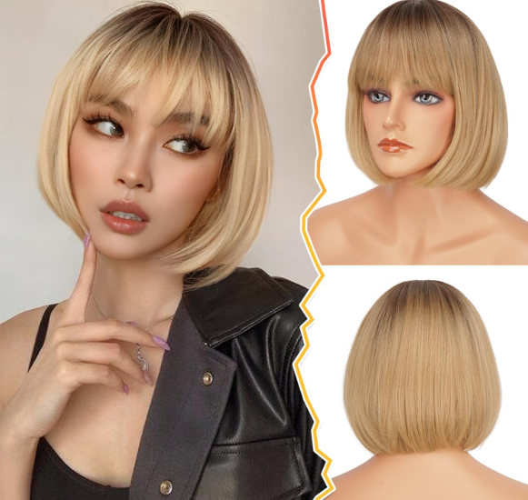 BARSDAR Short Bob Wig with Bangs - Short Blonde Ombre Bob Wigs with Bangs for Women - 12 Inch Chin-Length Blonde Wig with Dark Roots Natural Looking Soft Synthetic Hair Replacement Daily Halloween 