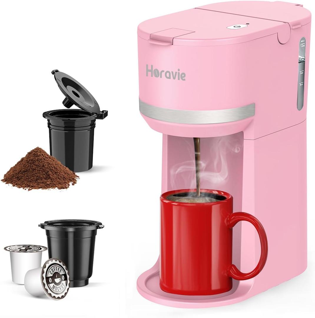 Mini Single Serve Coffee Maker for K Cup and Ground Coffee, Fast Brew One Cup Coffee Machine with Descaling Reminder and Water Window, 6 to 12 oz. Brew Sizes, Pink (9.45 Inches)