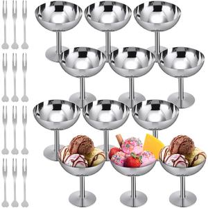 Reallnaive 12 Sets Stainless Steel Ice Cream Cups Bulk Silver Dessert Bowls with Forks 6.7 oz Small Metal Footed Cup for Serving Pudding Salad Fruit Sundae Summer Birthday Party Supply