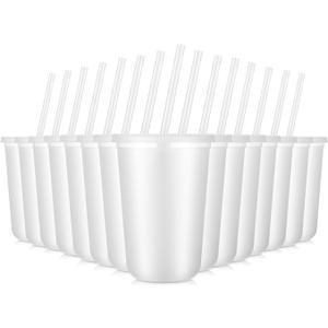 Lounsweer 30 Pcs Clear Reusable Cups with Straws and Lids, Plastic Frosted Round Bottom Ice Coffee Cups Travel Mug Tumbler for Beverage Water Party Birthday Disposable Drinkware (16oz,White)