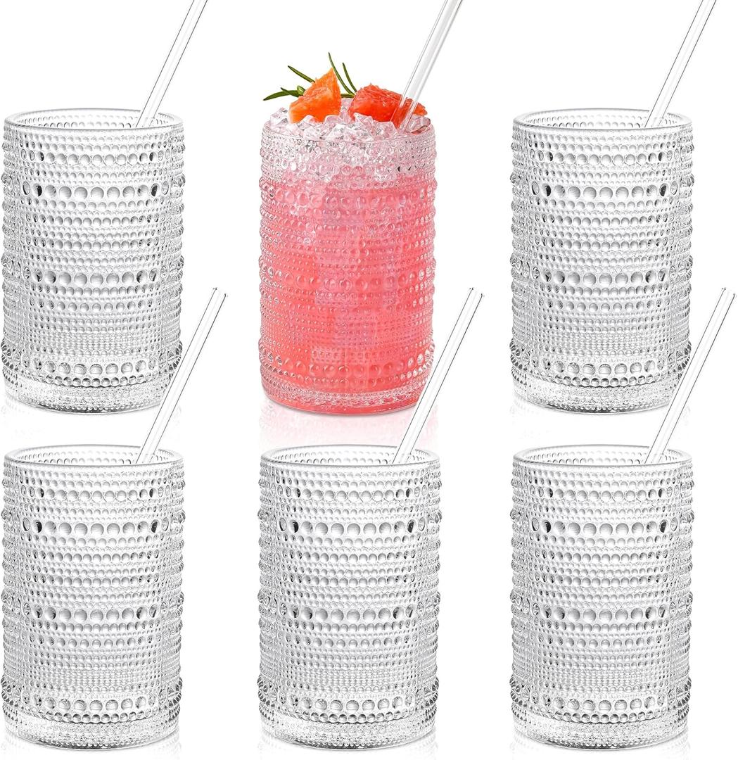 Hobnail Drinking Glasses with Straws 15oz Vintage Glassware Set of 6 Embossed Vintage Water Cups, Highball Glasses for Cocktail,Whiskey,Beer and Juic