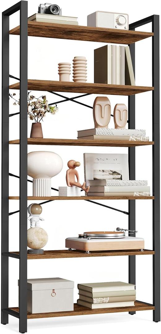 VASAGLE 6-Tier Bookshelf, Bookcase with Steel Frame, Book Shelf for Living Room, Home Office, Study, 11.8 x 26 x 73.2 Inches, Industrial Style, Rustic Brown and Ink Black ULLS062B01