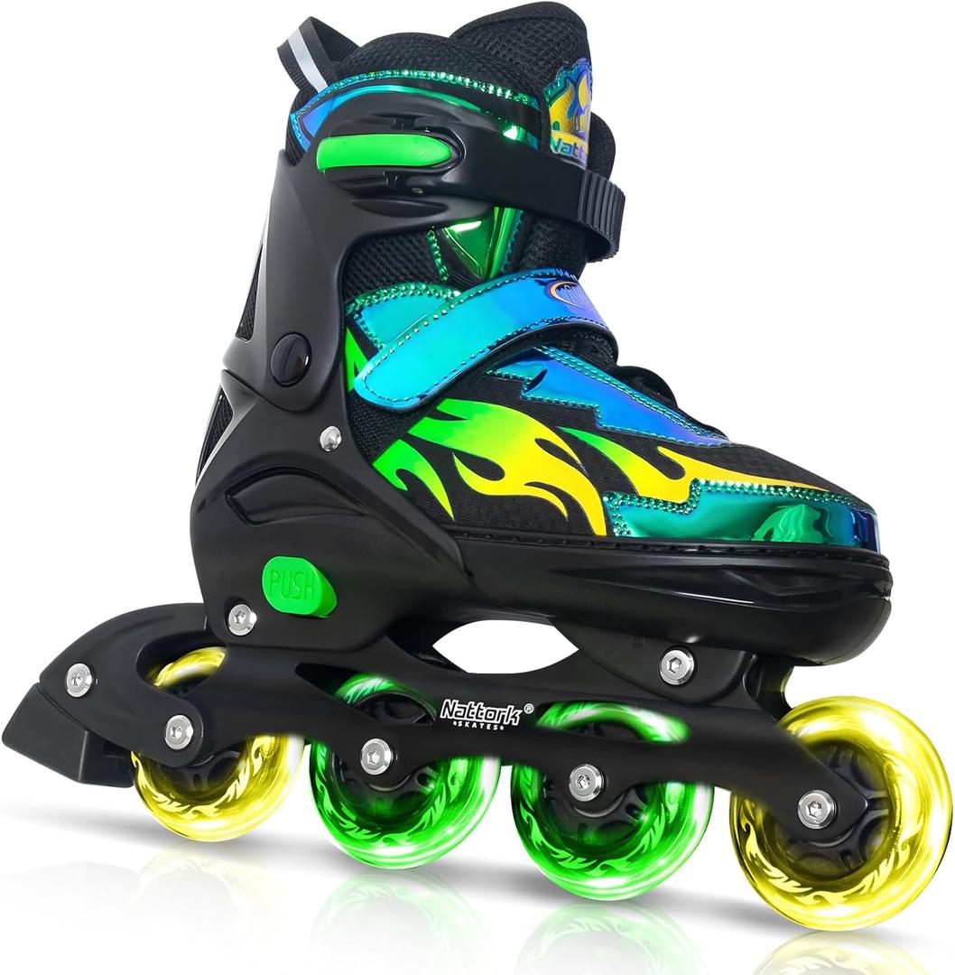 Nattork Adjustable Inline Skates for Kids Adults, Indoor and Outdoor Blades Roller Skates with 8 Light Up Wheels for Boys Girls Aged 4-16, Adult Women Beginners (Medium - Kid (13C-2 US), Aurora Green)