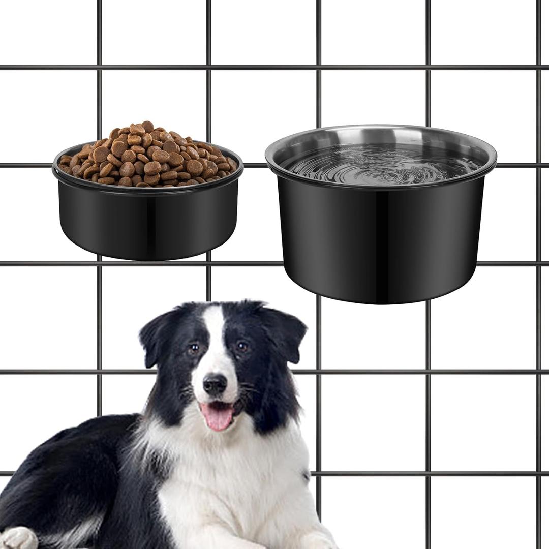 No Spill Water Bowl for Dogs, Sturdy Stainless Steel Dog Dishes 2 Pack with Dog Bowl Holder Hanging on Pet Cage Kennel Crate, Detachable Metal Food/Water Bowl Set for Medium/Large Dogs (Black)