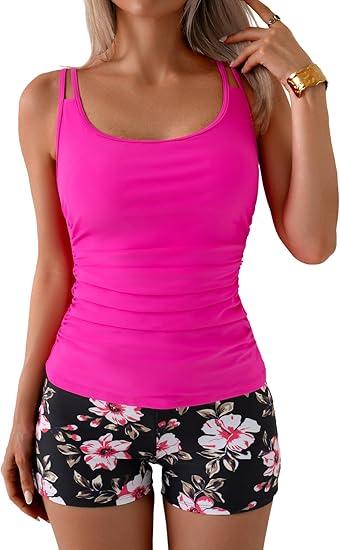 Eomenie Women's Swimsuit Tankini Set Modest Tummy Control Slimming Bathing Suits Two Piece Swim Suit with High Waisted Short XL