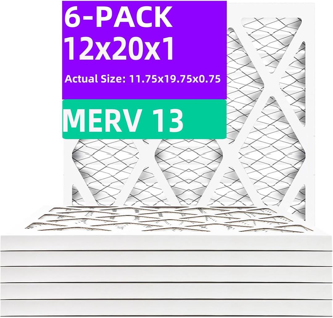 12x20x1 MERV 13 (6-Pack) Pleated Air Filter (Actual Size: 11.75"x19.75"x0.75") MPR 1900 & FPR 10, Furnace Air Filters