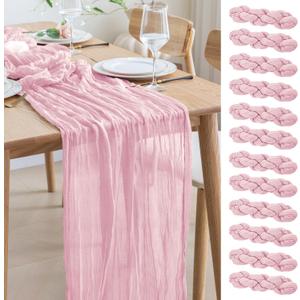 Asee'm 12pcs Cheesecloth Table Runner 120 Inches Blushing Pink Boho Gauze Cheese Cloth Runner 10FT Rustic Sheer Table Runners for Summer Wedding Baby Shower Holiday Party Decoration