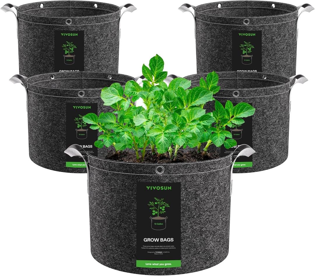 VIVOSUN 5-Pack 10 Gallon Grow Bags, 500G Thick Nonwoven Fabric Pots with Strap Handles, Multi-Purpose Rings, for Low Stress Plant Training Fruits, Vegetables, and Flowers