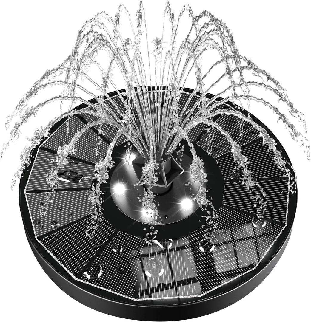 SZMP Solar Water Fountain Upgraded 100% Glass Panel, 3.5W Solar Powered Fountains Built-in 2000 Battery with 7 Nozzle & 4 Fixer, Solar Fountain Pump for Bird Baths, Pond, Outdoor  Black Panel White