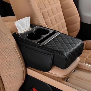 FREESOO Car Center Console Cover, Leather Armrest Cover for Car, Universal Middle Console Cushion with Storage Box, Cup Holder, Tissue Box & Phone Slot, Luxury Waterproof Interior Accessories, Black