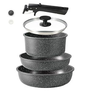 CAROTE Nonstick Cookware Sets, Non Stick Pots and Pans Set Detachable Handle, Kitchen Cookware Sets with Removable Handle, Stackable RV Cookware for Campers, Oven Safe (White 5 PCS) (5 pcs Granite Set, Cream White)