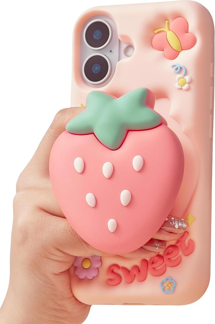 Cute 3D Strawberry Pop-Up Stand and Grip Phone Case for iPhone 16, Kawaii Girly Silicone Fruit Cover for Girls and Women, Pink