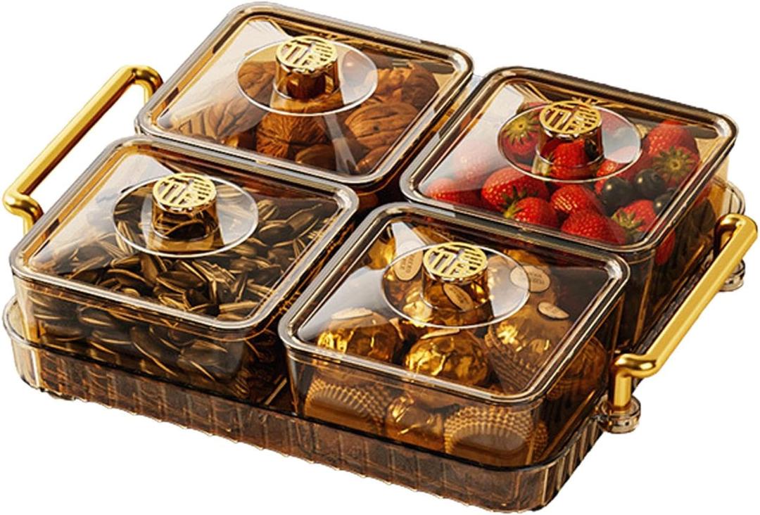 Divided Serving Tray with Lid and Handle, 4/6 Compartment Snackle Box Divided Snack Platter, Snack Serving Tray Organizer Food Storage Box for Dried Fruits Candy Nuts Snacks, Snack Container P-arty (Gold)