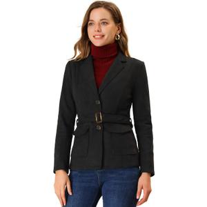 Allegra K Women's Faux Suede Blazer Belted Lapel Outwear Single Breasted Work Jacket (Black, XL)