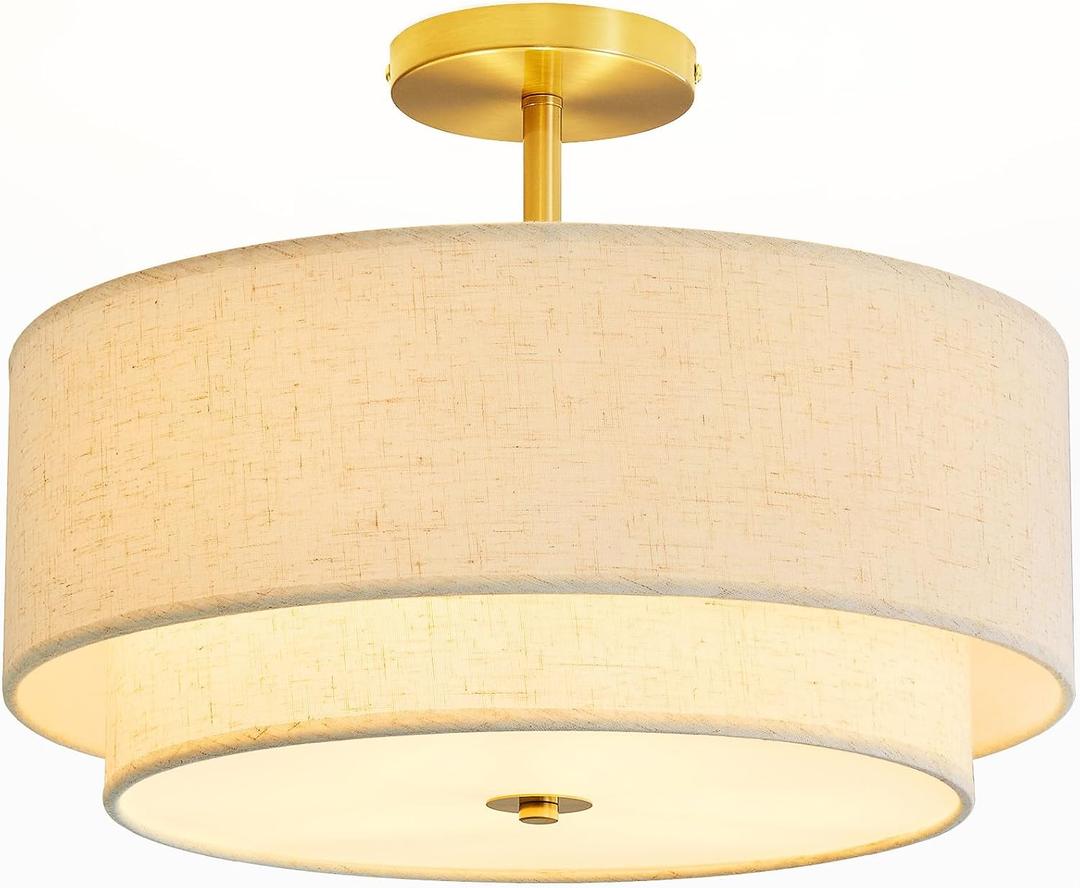 Double Drum 3 Light Semi Flush Mount Ceiling Light, Close to Ceiling Light Fixture, 16 Inch with Fabric Linen Shade, Gold Brass, for Living Room, Bedroom, Dining Room, Hallway and Entryway