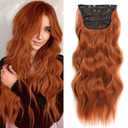 NAYOO Clip in Long Wavy Hair Extensions for Women 4PCS Copper Red Curly Synthetic Thick Hairpieces with Fiber Double Weft Hair Full Head 20 inch, Copper Red