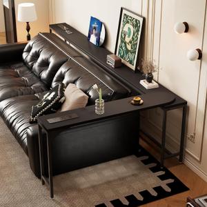 Narrow Sofa Table with Outlets, Adjustable Length Behind Couch Console, 64.57" x 5.91" x 31.1"