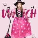 Spooktacular Creations Girls Witch Costume, Light up Witch Costume Kids, Starry Dress for Child Halloween Role Play Parties (Small(5-7 yrs), Pink)
