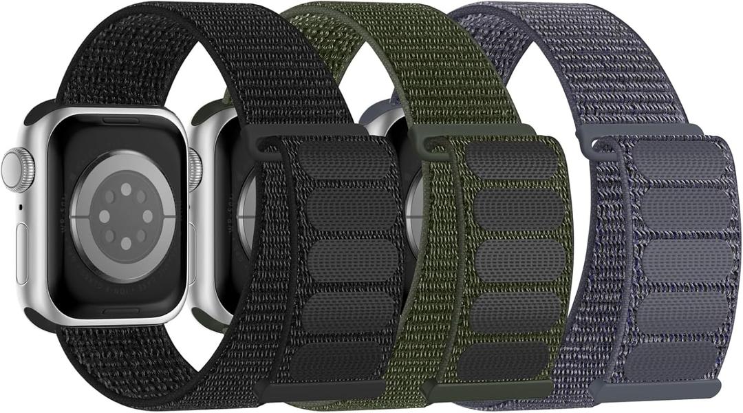 3 Pack Sport Bands Compatible with Apple Watch Band  44mm 45mm 46mm 49mm for Men Women, Adjustable Breathable Nylon Straps for iWatch Series 10/9/8/7/6/5/4/3/SE/Ultra (Black/Army Green/Grey), Size: 42mm(Series 3)/44mm/45mm/46mm/49mm