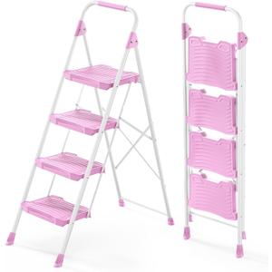 KINGRACK 4 Step Ladder, 900lbs Sturdy Step Stool with Handrail, Anti-Slip Wide Pedals, Foldable Stepladder for Home, Garage, Garden, Household, Pink, Pass 900LBS Testing, Pink