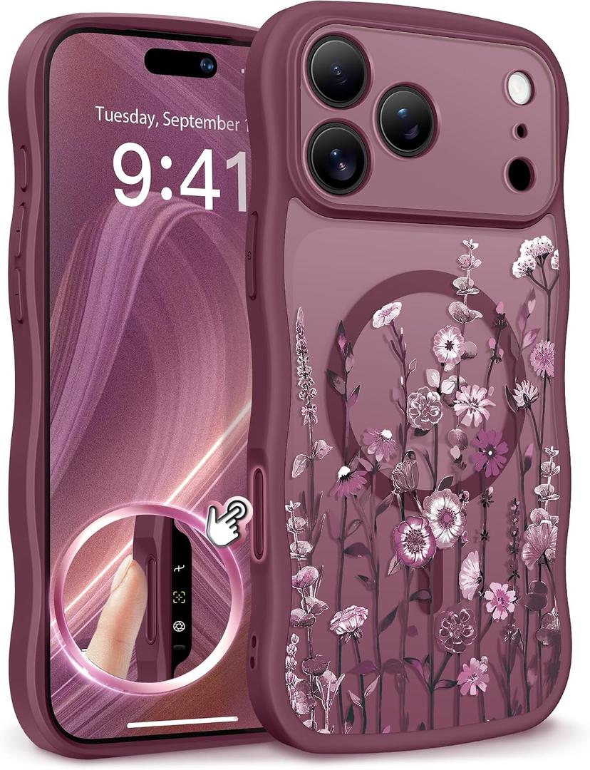 GVIEWIN for iPhone 17 Pro Case Compatible with MagSafe [Curly Wave Edge][Full Camera Protection] Floral Translucent Shockproof Magnetic Women Phone Case for iPhone 17 Pro 6.3'', Floratopia/Burgundy