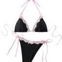 WDIRARA Women's Lace Trim Halter Bikini Set Bow Tie Side Bathing Suit 2 Piece Swimsuit size S