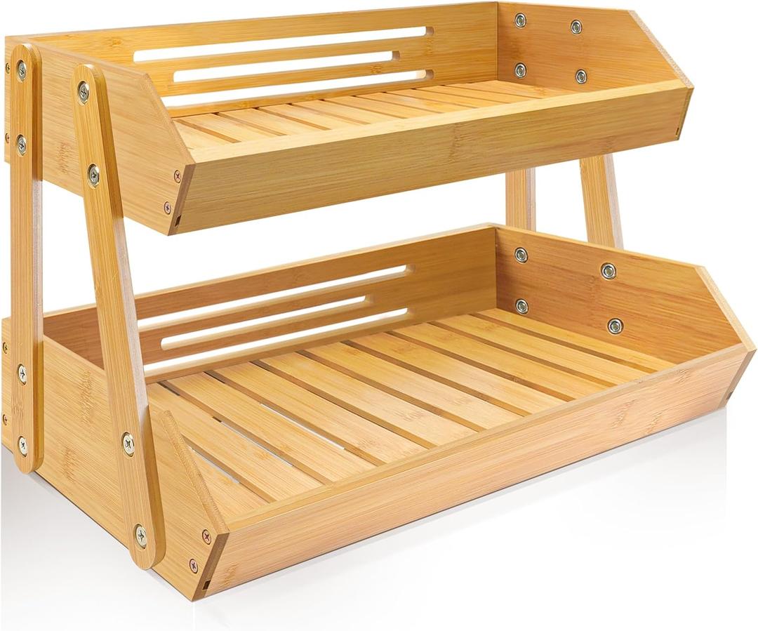 [Upgraded Length] 16.5-Inch Fruit Stand Storage Holder with 4 Sturdier Legs, 2-Tier Fruit Basket , Bamboo Fruit Bowl Holder for Fruit,Vegetables,Bread, Snacks, Home Kitchen Countertop Organizer