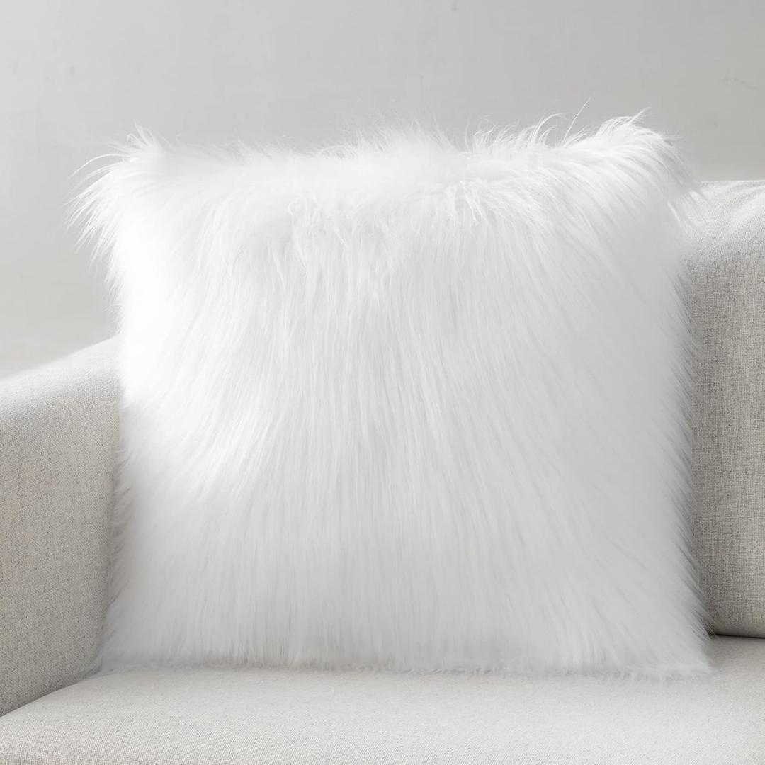 Phantoscope Faux Fur Solid Decorative Pillow Cover Fluffy Throw Pillow Mongolian Luxury Fuzzy Pillow Case Cushion Cover for Bedroom and Couch,True White 18 x 18 Inches