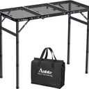 Anbte Folding Grill Table, 3ft Tri-Fold Aluminum Folding Table Adjustable Height Max 27.5" Grill Table with Mesh Desktop, Lightweight, Portable Handle for Outdoor Cooking BBQ Picnic (Black)