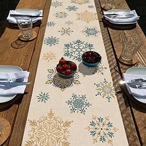 Seliem Winter Snowflakes Table Runner, Gold Blue Tabletop Scarf Home Kitchen Christmas Holiday Decor Sign, Seasonal Farmhouse Rustic Burlap Dining Decorations Party Supplies 13 x 36 Inch 2 prs