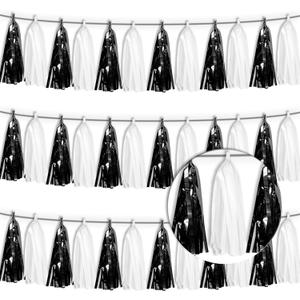 3P Black White Tassel Banner Garland Metallic Foil Fringe Banner Tinsel Tassels Streamer Banner Backdrop for Parade Floats Graduation, Halloween, Christmas, Father's Day Party Decorations