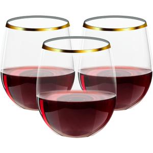 FOCUSLINE 32 Pack 12 OZ Plastic Wine Glasses, Stemless Disposable Wine Cups, Gold Rim Unbreakable Wine Glasses, Reusable Shatterproof Recyclable and BPA-Free Plastic Wine Cups, 32 Count