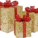 Sunnyglade 7.5-5.9-4.7 Set of 3 Christmas Lighted Gift Boxes with Bows Present Boxes for Christmas, Weddings Yard Home Holiday Art Decorations (Gold)