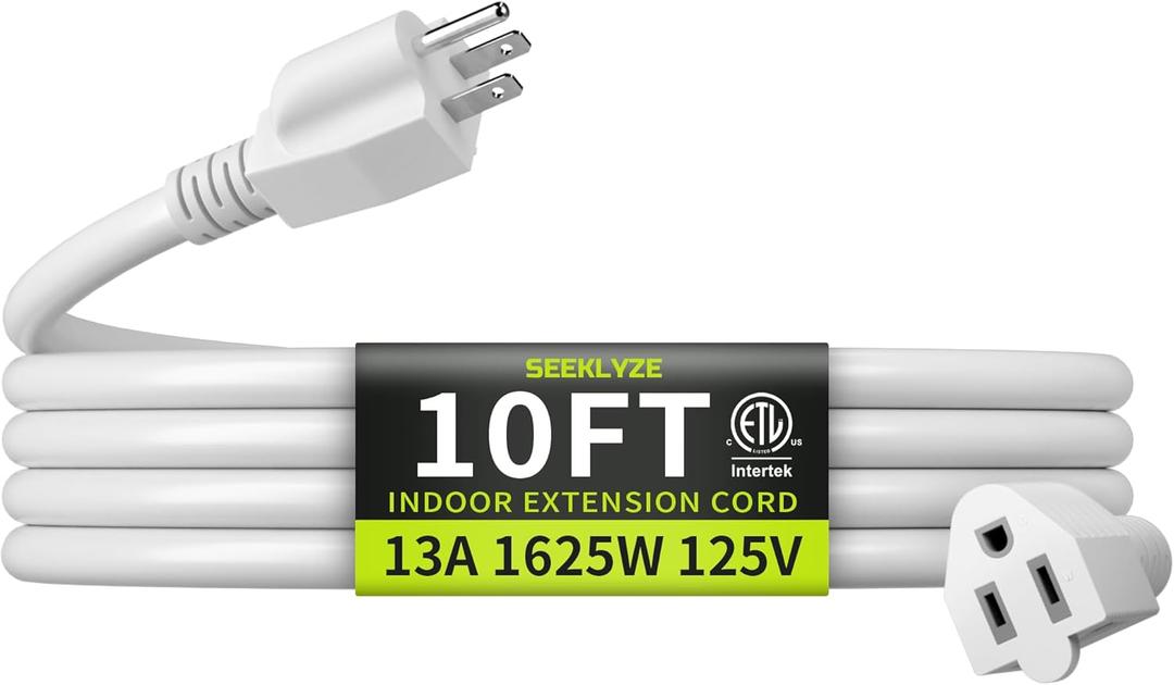 16/3 White Extension Cord 10 FT, Indoor Extension Cord for Laptops, Coffee Makers, Office Home Appliances, 3 Prong Resistant Cable Flexible, 13A 125V 1625W ETL Listed
