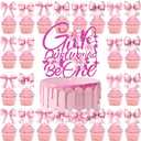 Hokinaa Bow 1st Birthday Decorations - 25 Pcs Girls Just Wanna Be One First Birthday Cake Topper, Pink Bow Theme Cupcake Toppers Set, Happy 1 Year Old Party Supplies Photo Background Decor for Girl 2 Pack