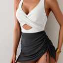 B2prity Women Mesh One Piece Swimdress Swimsuit Tummy Control V Neck Cutout Bathing Suit Wrap Drawstring Sarong Swimwear (L)