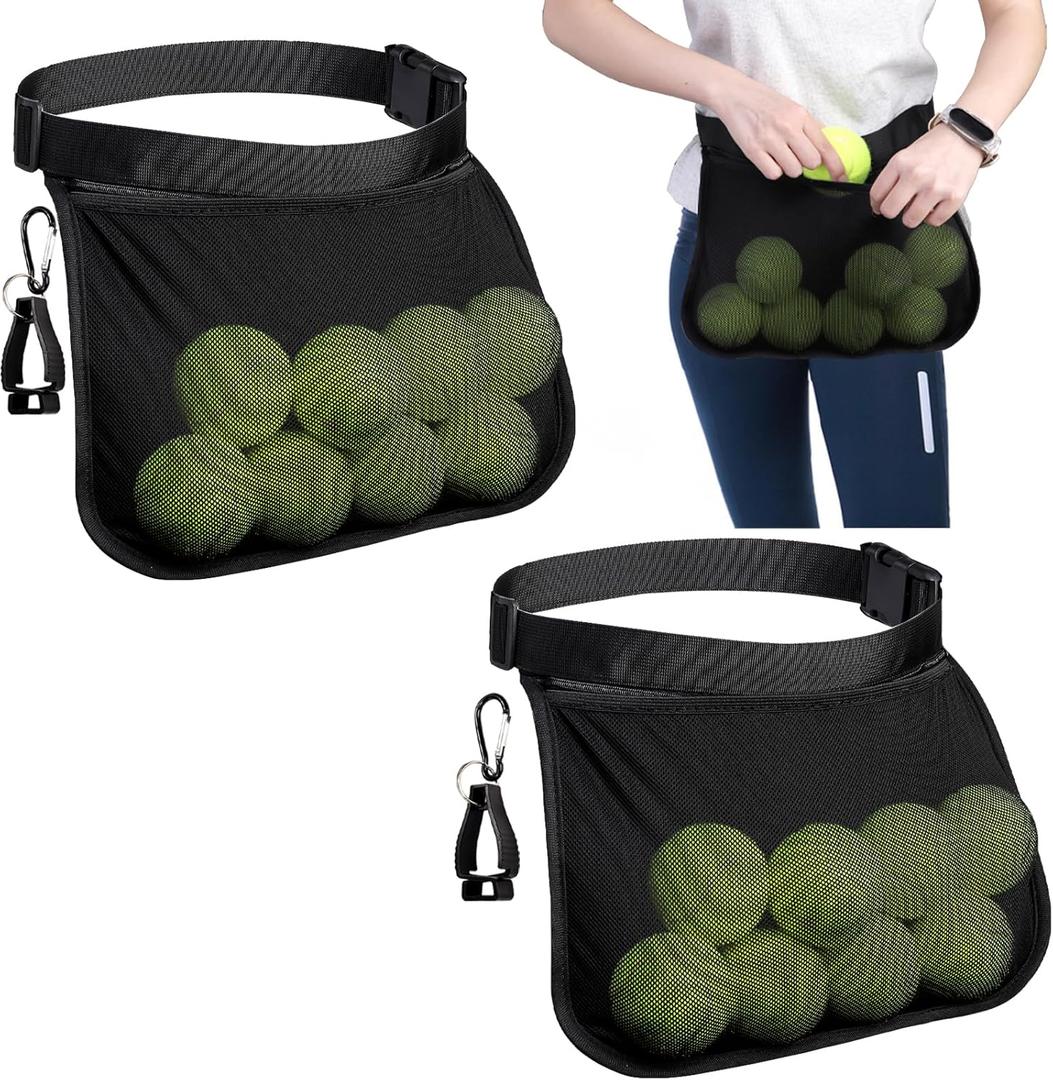 Tebery 2 Pack Tennis Ball Waist Bag, Ball Band Holder with Adjustable Belt, Tennis Storage Pouch Carrying Accessory Sports Bag with Hook for Outdoors Sports, Running
