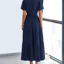 BTFBM Womens Summer 2025 Casual Midi Maxi Dresses Lightweight Short Sleeve V Neck Elastic Waist Boho Beach Dress Pockets (Small)