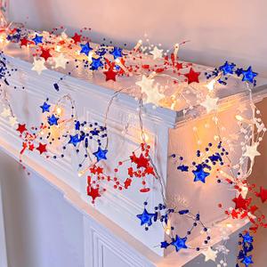 [Timer] 2 Pack 4th of July Decorations 250th Anniversary Red White and Blue Lights, Fourth of July Garland Total 13Ft 40LED Beads Stars Patriotic Lights Battery Operated for Home Bedroom Decor