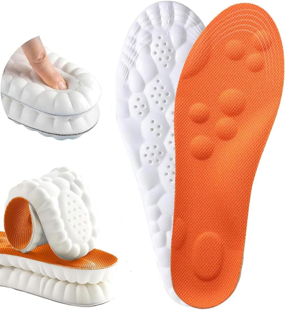 4D Cloud Insoles for Men, Women, Breathable Memory Foam Cloud Massage Insoles, Enhanced Arch Support & Cushioned Comfort, Relief Foot Pain, Fits All Shoe Types(1 Pair-Orange, Men 9-10/Women 11-12)