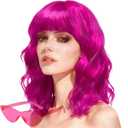 Wavy Wig and Sunglasses Set - 15 Inch Wavy Wig With Bangs - Heat Resistant Shoulder Length Curly Bob Wigs for Women - Bachelorette Party Costume Cosplay (Rose+Purple)