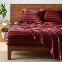 BEDELITE Satin Sheets King Size, Luxury Jacquard Striped Burgundy Bedsheets with Elastic Corner Straps, Similar to Silk Sheets Set 4 PC with 1 Deep Pocket Fitted Sheet, 1 Flat Sheet, & 2 Pillowcases