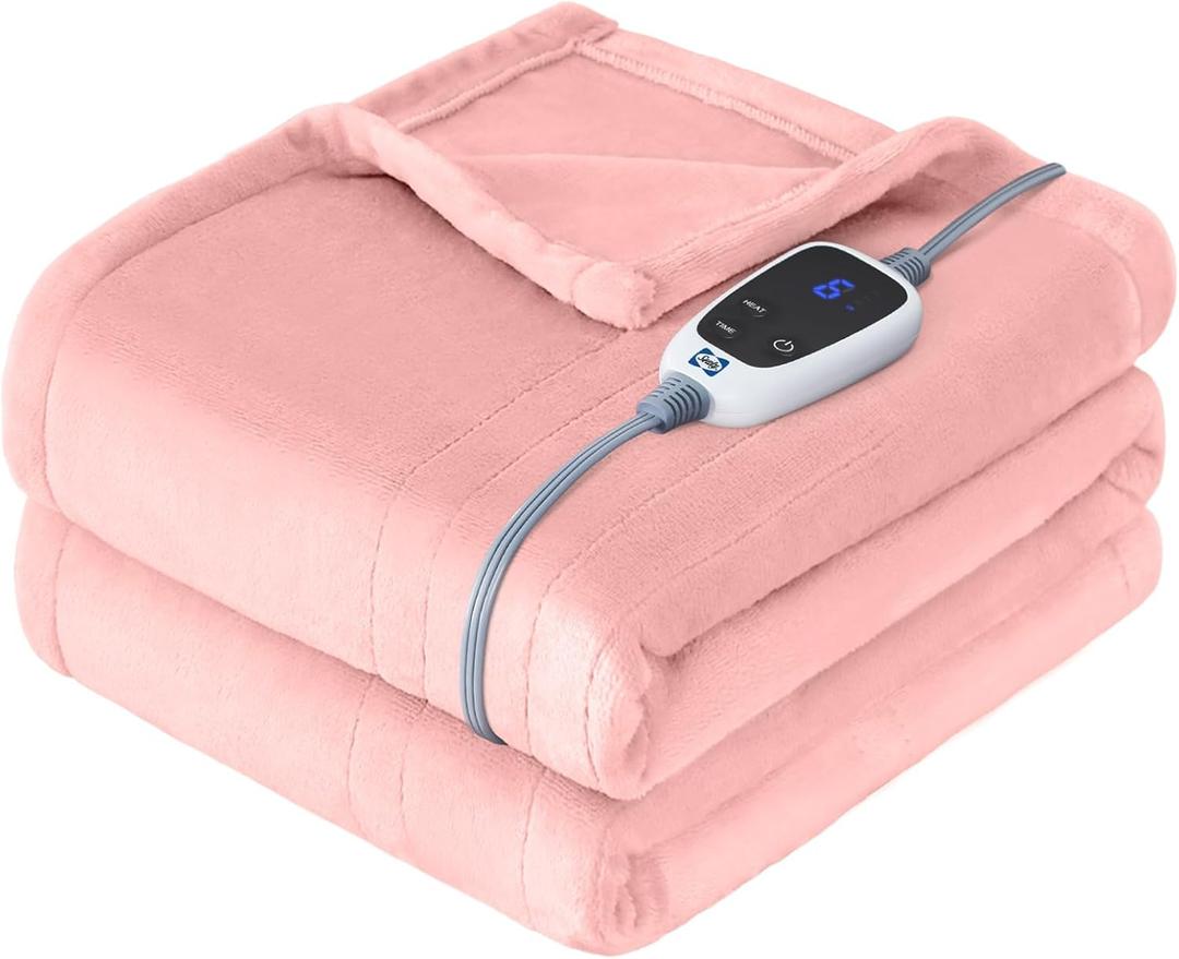 Sealy Electric Blanket Heated Throw, Soft Flannel Heating Blanket with 6 Heat Settings & 2-10 Hours Auto Shut Off, Fast Heating & Machine Washable, 50x60 Inch, Pink