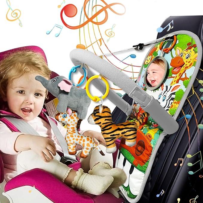 TOYMNI Car Seat Toys for 612 Months  Musical Pedal Piano with Baby Mirror, Squeaky Sensory Soft Animal Toys for Rear Facing Carseats