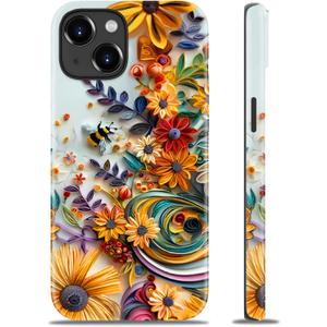 for iPhone 15 Case Cute - Wireless Charging Compatible - Dual-Layer Hard Shell + Silicone Cover - Protective Phone Case Aesthetic Trendy Designs for Women - Flower and Bee