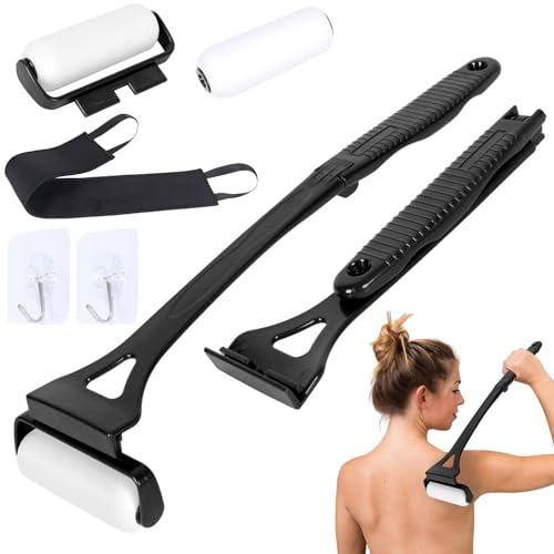 Lotion Applicator Set for Back & Body 18.3” Foldable Application Roller with 2 Reusable Rollers Back Applicator Strip with Hooks Apply Lotion Cream Ointment Self Tanner for Elderly Seniors (Black)