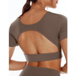 Women's Open Back Workout Crop Top Yoga Backless Built in Bra Cream Feeling Crew Neck Gym Fitness Short Sleeve T Shirts Large