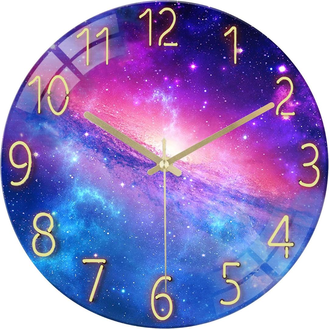 Lafocuse 12" Silent Galaxy Purple Wall Clocks Battery Operated, Analog Glass Wall Clock for Living Room Decor, Reloj de Pared Modern Decorative Kitchen Wall Clock for Bedroom Home Office (Purple)