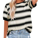 Womens Tops Cotton Casual Color Block Striped Short Sleeve Shirts Crewneck T Shirts Loose Basic Tee Blouses, Size medium