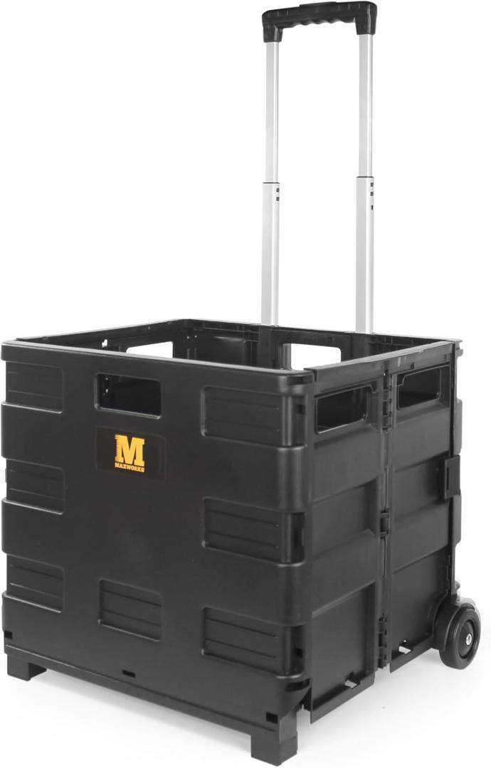 MaxWorks 51051 Collapsible Black Rolling Folding Dolly Cart for Teachers - Multi-Functional Dolly with Extra Storage Durable Wheels and Easy-to-Fold Design for Classroom Office Shopping - Without Lid